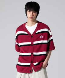 XTONZ（エクストーンズ）の「XTK144 プレッピーストライプ半袖ニットカーディガン (RED)（カーディガン/ボレロ）」
