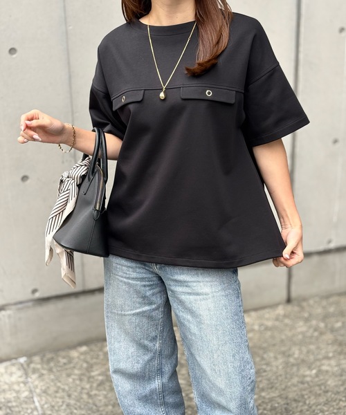Emma Taylor(エマテイラー)の「ライトダンボールフラップドロストヘムプルオーバー(Tシャツ/カットソー・レディース・チャコールグレー/ホワイト/ブラック・FREE)」の10枚目の写真