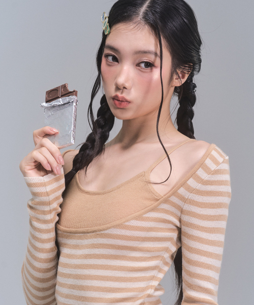 ZEROPLANET（ゼロプラネット）の「コイストライプニットトップ [CARAMEL]（Tシャツ/カットソー・レディース・キャメル・FREE）」の2枚目の写真