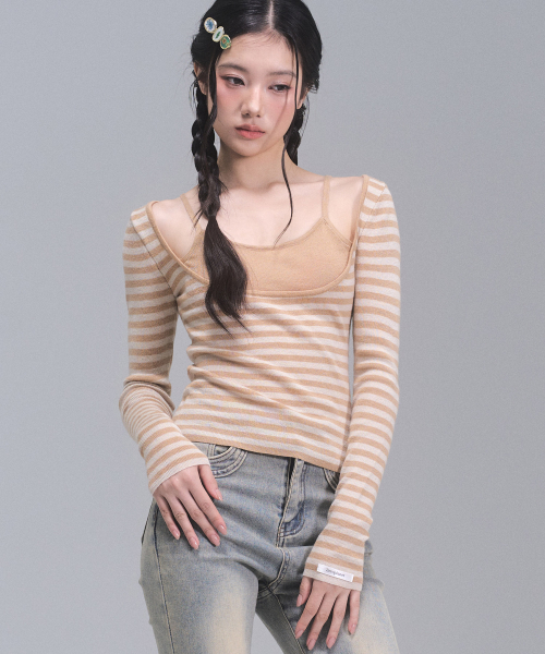 ZEROPLANET（ゼロプラネット）の「コイストライプニットトップ [CARAMEL]（Tシャツ/カットソー・レディース・キャメル・FREE）」の3枚目の写真