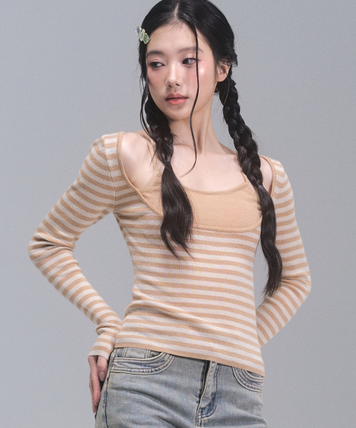 ZEROPLANET（ゼロプラネット）の「コイストライプニットトップ [CARAMEL]（Tシャツ/カットソー・レディース・キャメル・FREE）」の5枚目の写真