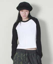 カラー ミックス ラグラン セミクロップ 長袖Tシャツ アイボリー&ブラック