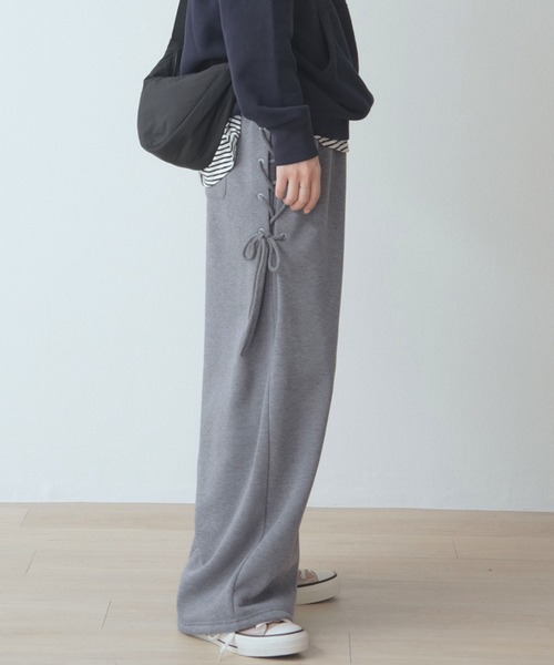 裏起毛 サイドレースアップ スェット ワイドレッグ（スウェットパンツ