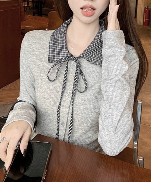 Miniministore（ミニミニストア）の「チェックカラー リボンリブニットトップス（Tシャツ/カットソー・レディース・ライトグレー/ダークグレー・FREE）」の11枚目の写真