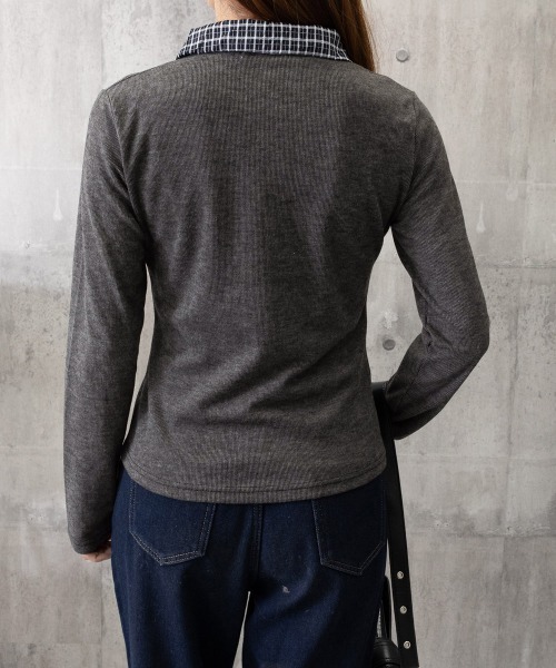 Miniministore（ミニミニストア）の「チェックカラー リボンリブニットトップス（Tシャツ/カットソー・レディース・ライトグレー/ダークグレー・FREE）」の3枚目の写真