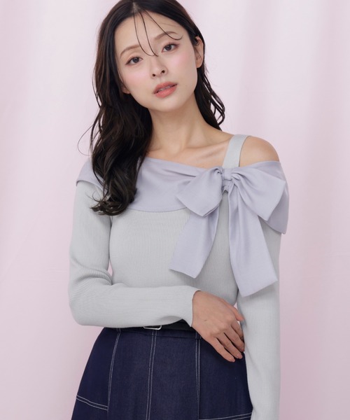 JILL by JILL STUART（ジルバイジルスチュアート）の「◇アシメリボンニット（ニット/セーター・レディース・ブルー/ブラック系その他/ホワイト・FREE）」の3枚目の写真