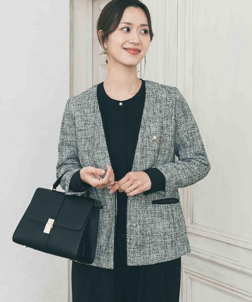 URBAN RESEARCH DOORS(アーバンリサーチドアーズ)の「ツィードVネックロングジャケット(スーツジャケット・レディース・ネイビー/ブラック系その他・FREE)」の1枚目の写真