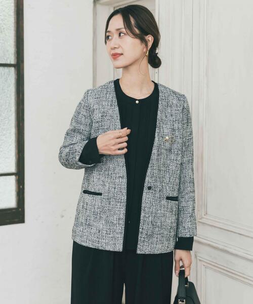 URBAN RESEARCH DOORS(アーバンリサーチドアーズ)の「ツィードVネックロングジャケット(スーツジャケット・レディース・ネイビー/ブラック系その他・FREE)」の3枚目の写真