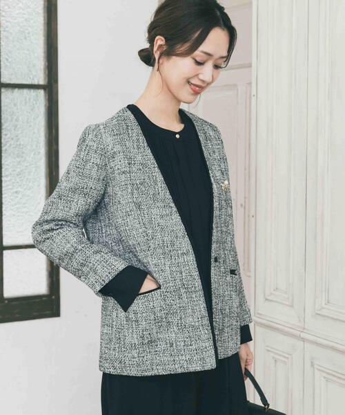 URBAN RESEARCH DOORS(アーバンリサーチドアーズ)の「ツィードVネックロングジャケット(スーツジャケット・レディース・ネイビー/ブラック系その他・FREE)」の5枚目の写真