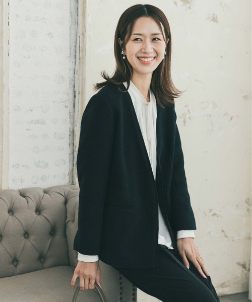 【アーバンリサーチドアーズ】ツィードVネックロングジャケット ネイビー URBAN RESEARCH DOORS（アーバンリサーチドアーズ）の「ツイードV