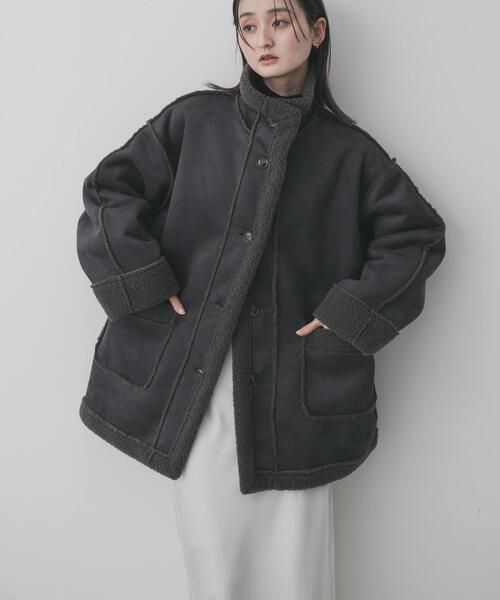 SENSE OF PLACE by URBAN RESEARCH（センスオブプレイスバイアーバンリサーチ）の「フェイクムートンスタンドジャケット（ムートンコート・レディース・ブラウン/アイボリー/チャコールグレー・ONE）」の2枚目の写真