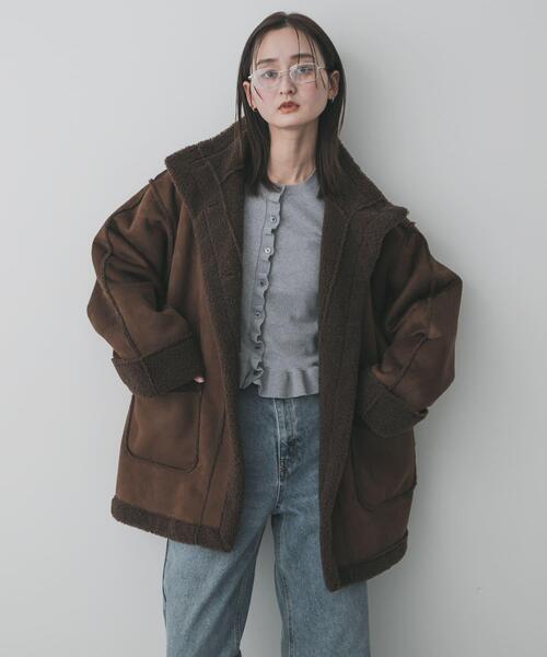 SENSE OF PLACE by URBAN RESEARCH（センスオブプレイスバイアーバンリサーチ）の「フェイクムートンスタンドジャケット（ムートンコート・レディース・ブラウン/アイボリー/チャコールグレー・ONE）」の4枚目の写真