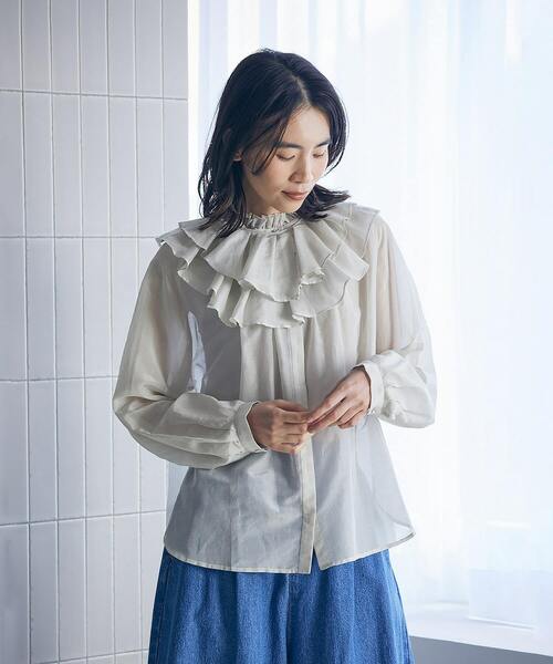 LOISIR(ロワズィール)の「【付け襟セット】コットンシルクボイルフリルカラーブラウス(シャツ/ブラウス・レディース・ライトグレー/ネイビー・FREE)」の2枚目の写真