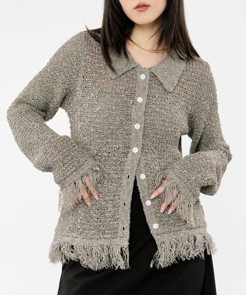 Ezick（エジック）の「nep yarn mix fringe knit ネップヤーンミックスフリンジニットポロカーディガン（カーディガン/ボレロ・レディース・グレー/ブラック・FREE）」の2枚目の写真
