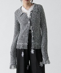 Ezick | nep yarn mix fringe knit ネップヤーンミックスフリンジニットポロカーディガン(カーディガン/ボレロ)