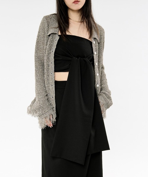 Ezick（エジック）の「nep yarn mix fringe knit ネップヤーンミックスフリンジニットポロカーディガン（カーディガン/ボレロ・レディース・グレー/ブラック・FREE）」の17枚目の写真
