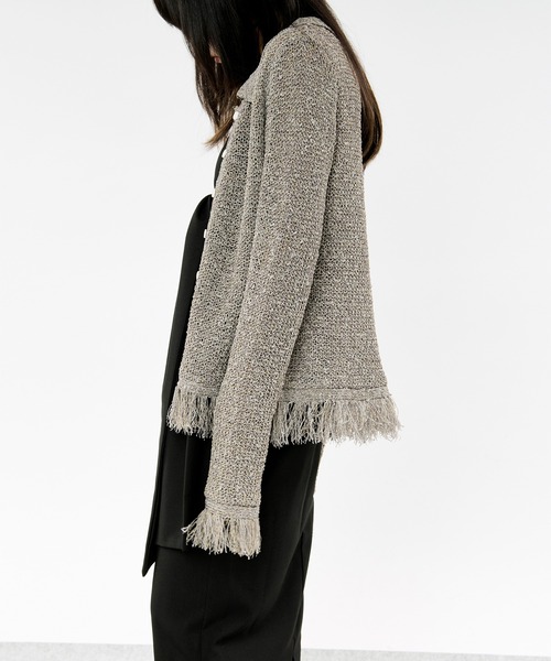 Ezick（エジック）の「nep yarn mix fringe knit ネップヤーンミックスフリンジニットポロカーディガン（カーディガン/ボレロ・レディース・グレー/ブラック・FREE）」の3枚目の写真