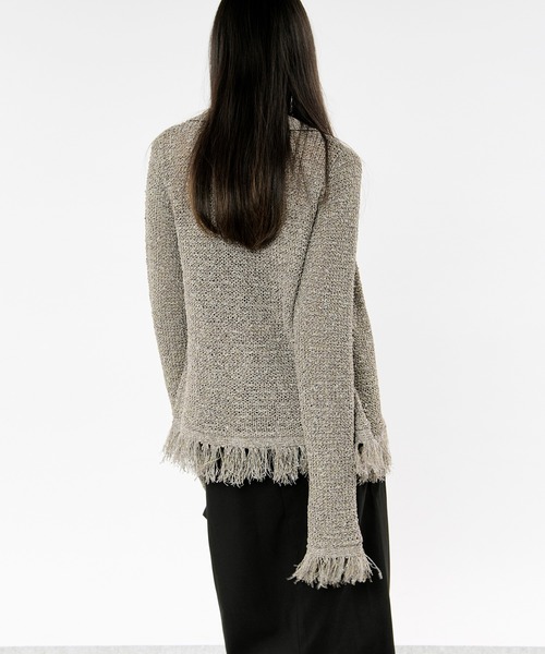Ezick（エジック）の「nep yarn mix fringe knit ネップヤーンミックスフリンジニットポロカーディガン（カーディガン/ボレロ・レディース・グレー/ブラック・FREE）」の4枚目の写真