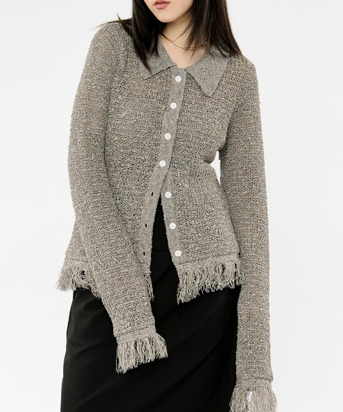 Ezick（エジック）の「nep yarn mix fringe knit ネップヤーンミックスフリンジニットポロカーディガン（カーディガン/ボレロ・レディース・グレー/ブラック・FREE）」の5枚目の写真
