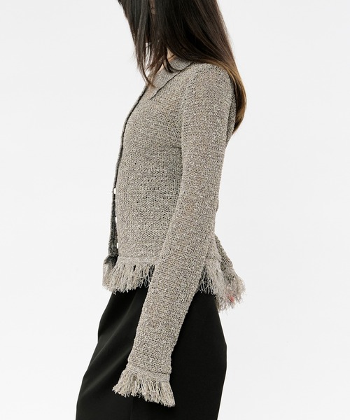 Ezick（エジック）の「nep yarn mix fringe knit ネップヤーンミックスフリンジニットポロカーディガン（カーディガン/ボレロ・レディース・グレー/ブラック・FREE）」の6枚目の写真