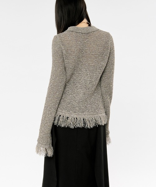 Ezick（エジック）の「nep yarn mix fringe knit ネップヤーンミックスフリンジニットポロカーディガン（カーディガン/ボレロ・レディース・グレー/ブラック・FREE）」の7枚目の写真