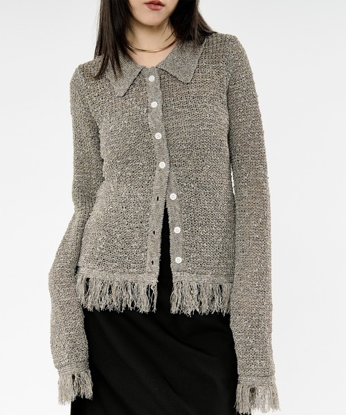 Ezick（エジック）の「nep yarn mix fringe knit ネップヤーンミックスフリンジニットポロカーディガン（カーディガン/ボレロ・レディース・グレー/ブラック・FREE）」の8枚目の写真