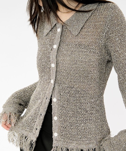 Ezick（エジック）の「nep yarn mix fringe knit ネップヤーンミックスフリンジニットポロカーディガン（カーディガン/ボレロ・レディース・グレー/ブラック・FREE）」の9枚目の写真
