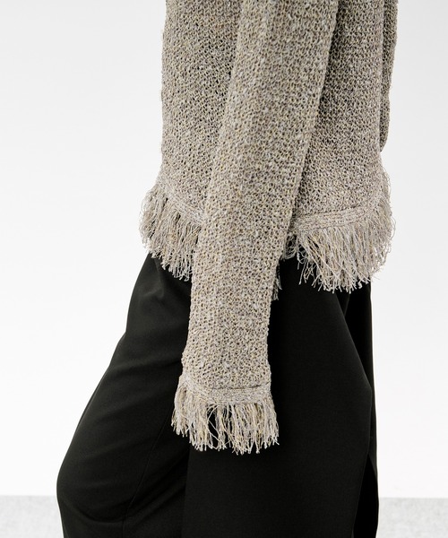 Ezick（エジック）の「nep yarn mix fringe knit ネップヤーンミックスフリンジニットポロカーディガン（カーディガン/ボレロ・レディース・グレー/ブラック・FREE）」の12枚目の写真