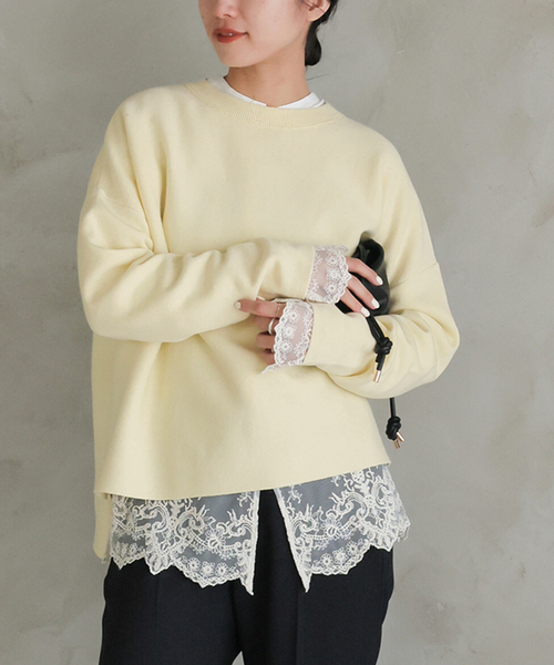 SLOBE IENA（スローブイエナ）の「《セットアップ対応可/追加2》コットンダブルフェイスプルオーバー（ニット/セーター・レディース・ベージュ/イエロー/チャコールグレー/ネイビー・FREE）」の4枚目の写真