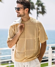 1PIU1UGUALE3 RELAX(ウノピゥウノウグァーレトレ リラックス)ブロックメッシュ ニット半袖Tシャツ