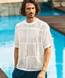 1PIU1UGUALE3  RELAX （ウノピゥウノウグァーレトレ リラックス）の「1PIU1UGUALE3 RELAX(ウノピゥウノウグァーレトレ リラックス)ブロックメッシュ ニット半袖Tシャツ（Tシャツ/カットソー）」