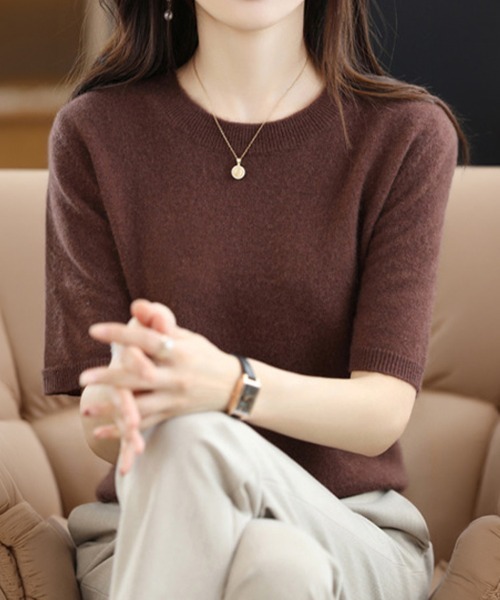 SallyLunn(サリーラン)の「ハーフスリーブクルーネックニットトップス(ニット/セーター・レディース・ブラウン/ホワイト/ネイビー/ブラック・LARGE/MEDIUM)」の7枚目の写真