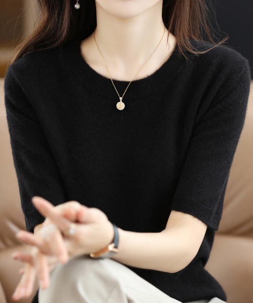 SallyLunn(サリーラン)の「ハーフスリーブクルーネックニットトップス(ニット/セーター・レディース・ブラウン/ホワイト/ネイビー/ブラック・LARGE/MEDIUM)」の13枚目の写真