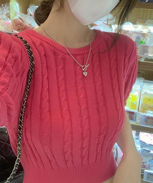 GLAMOROUS JANE(グラマラスジェーン)の「バックリボンケーブル編みクロップド丈半袖ニット(ニット/セーター・レディース・ホワイト/ピンク・FREE)」の11枚目の写真