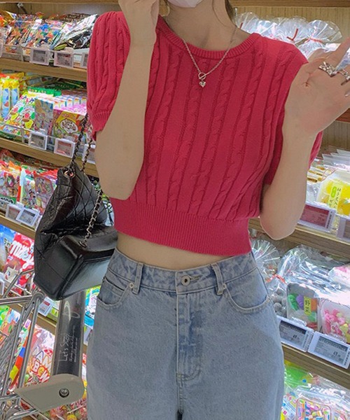 GLAMOROUS JANE(グラマラスジェーン)の「バックリボンケーブル編みクロップド丈半袖ニット(ニット/セーター・レディース・ホワイト/ピンク・FREE)」の13枚目の写真