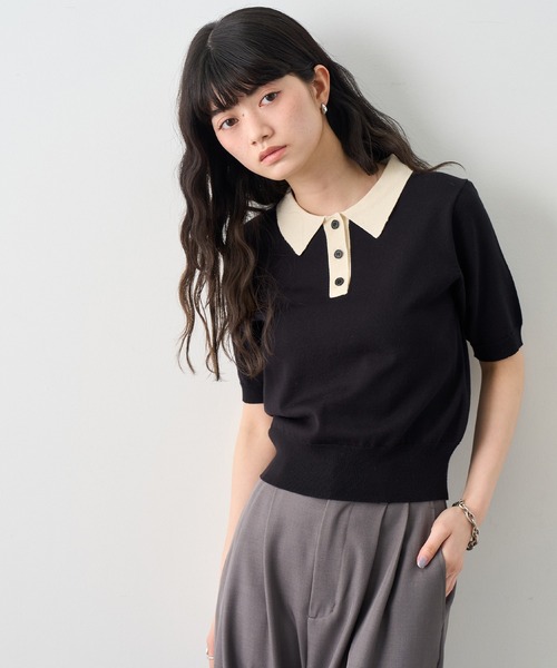 NOGLE(ノグル)の「【NOGLE/ノグル】バイカラー半袖ポロニット(ポロシャツ・レディース・ブラック/サックスブルー/グレー/ネイビー・FREE)」の1枚目の写真