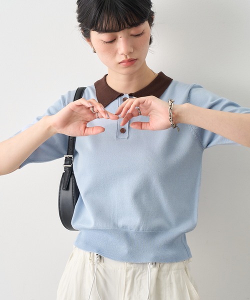 NOGLE(ノグル)の「【NOGLE/ノグル】バイカラー半袖ポロニット(ポロシャツ・レディース・ブラック/サックスブルー/グレー/ネイビー・FREE)」の11枚目の写真