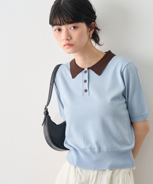 NOGLE(ノグル)の「【NOGLE/ノグル】バイカラー半袖ポロニット(ポロシャツ・レディース・ブラック/サックスブルー/グレー/ネイビー・FREE)」の13枚目の写真