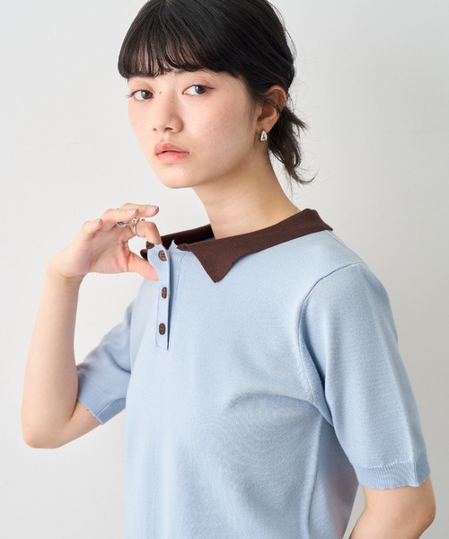 NOGLE(ノグル)の「【NOGLE/ノグル】バイカラー半袖ポロニット(ポロシャツ・レディース・ブラック/サックスブルー/グレー/ネイビー・FREE)」の6枚目の写真