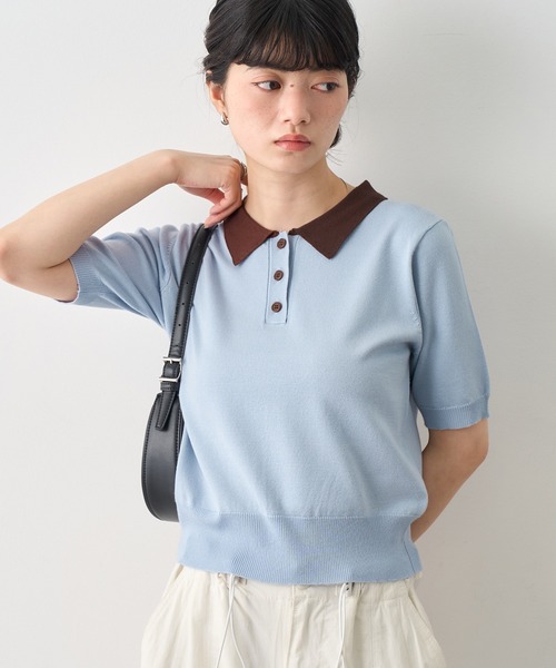 NOGLE(ノグル)の「【NOGLE/ノグル】バイカラー半袖ポロニット(ポロシャツ・レディース・ブラック/サックスブルー/グレー/ネイビー・FREE)」の5枚目の写真