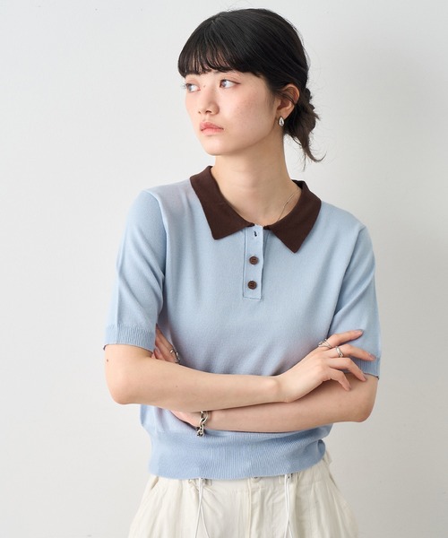 NOGLE(ノグル)の「【NOGLE/ノグル】バイカラー半袖ポロニット(ポロシャツ・レディース・ブラック/サックスブルー/グレー/ネイビー・FREE)」の10枚目の写真
