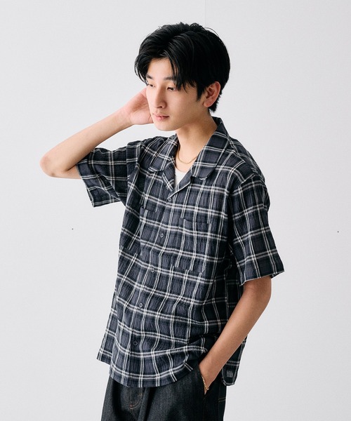 シャツ/ブラウス(長袖/七分) OHOTORO ANNA CHECK SHIRTS 綿100％ドット刺繍7分袖シャツブラウス 55-0108｜40代 50代 60代 大人