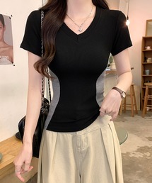 VネックリブTシャツ 配色切替 サイドライン 半袖 フィット