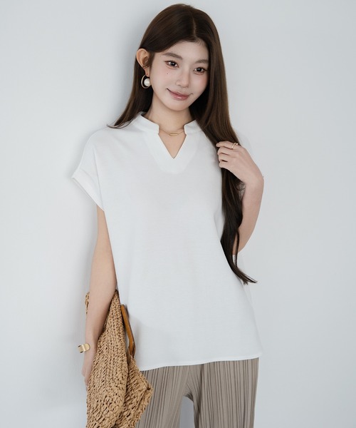 by LEGNA(バイレグナ)の「キーネックフレンチスリーブカットソー(Tシャツ/カットソー・レディース・ホワイト/チャコール/モカ/杢グレー/ブラック・MEDIUM/LARGE)」の8枚目の写真
