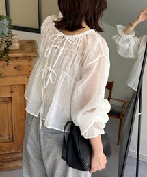 楊柳リボンシャーリングシアーブラウス