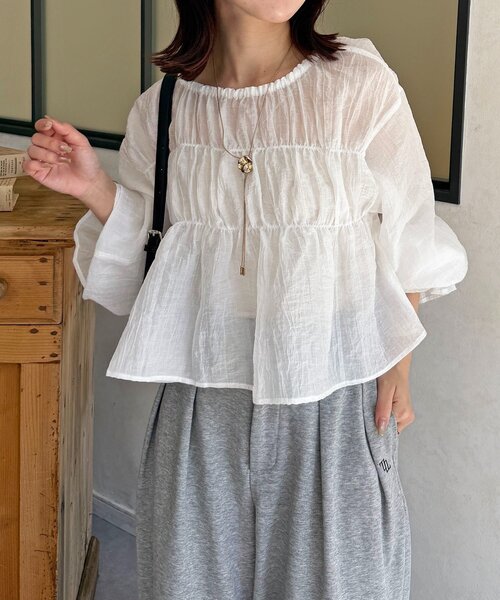Thevon(ゼボン)の「楊柳リボンシャーリングシアーブラウス(シャツ/ブラウス・レディース・オフホワイト/アイボリー/ブラック/サックスブルー・FREE)」の10枚目の写真