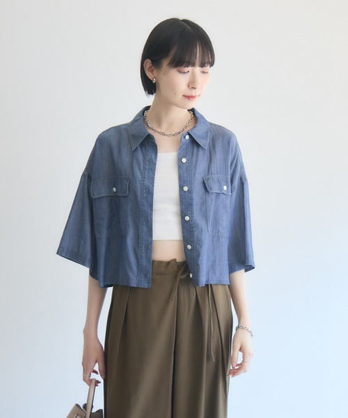 Paradise Picnic(パラダイスピクニック)の「Dignite Collierシアー半袖デニムシャツ(シャツ/ブラウス・レディース・ライトブルー/ブルー/ブラック・FREE)」の1枚目の写真