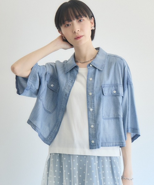 Paradise Picnic(パラダイスピクニック)の「Dignite Collierシアー半袖デニムシャツ(シャツ/ブラウス・レディース・ライトブルー/ブルー/ブラック・FREE)」の3枚目の写真