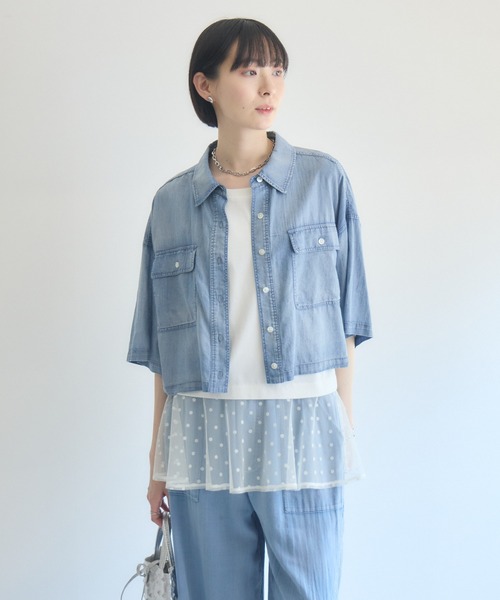 Paradise Picnic(パラダイスピクニック)の「Dignite Collierシアー半袖デニムシャツ(シャツ/ブラウス・レディース・ライトブルー/ブルー/ブラック・FREE)」の15枚目の写真