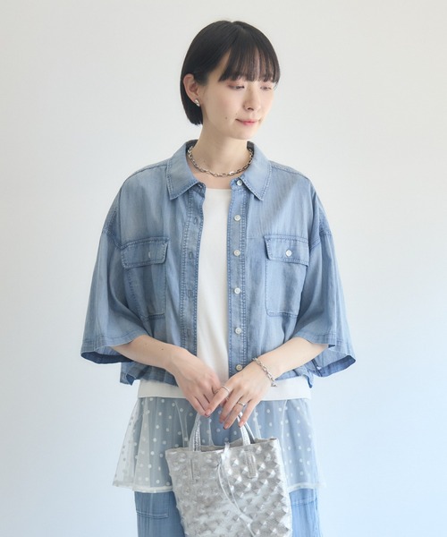 Paradise Picnic(パラダイスピクニック)の「Dignite Collierシアー半袖デニムシャツ(シャツ/ブラウス・レディース・ライトブルー/ブルー/ブラック・FREE)」の16枚目の写真